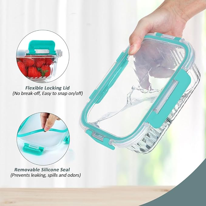 KOMUEE 10 Packs Glass Meal Prep Containers with Lids, Glass Food Storage Containers Set, Airtight Lunch Containers, Microwave, Oven, Freezer and Dishwasher Safe, Green