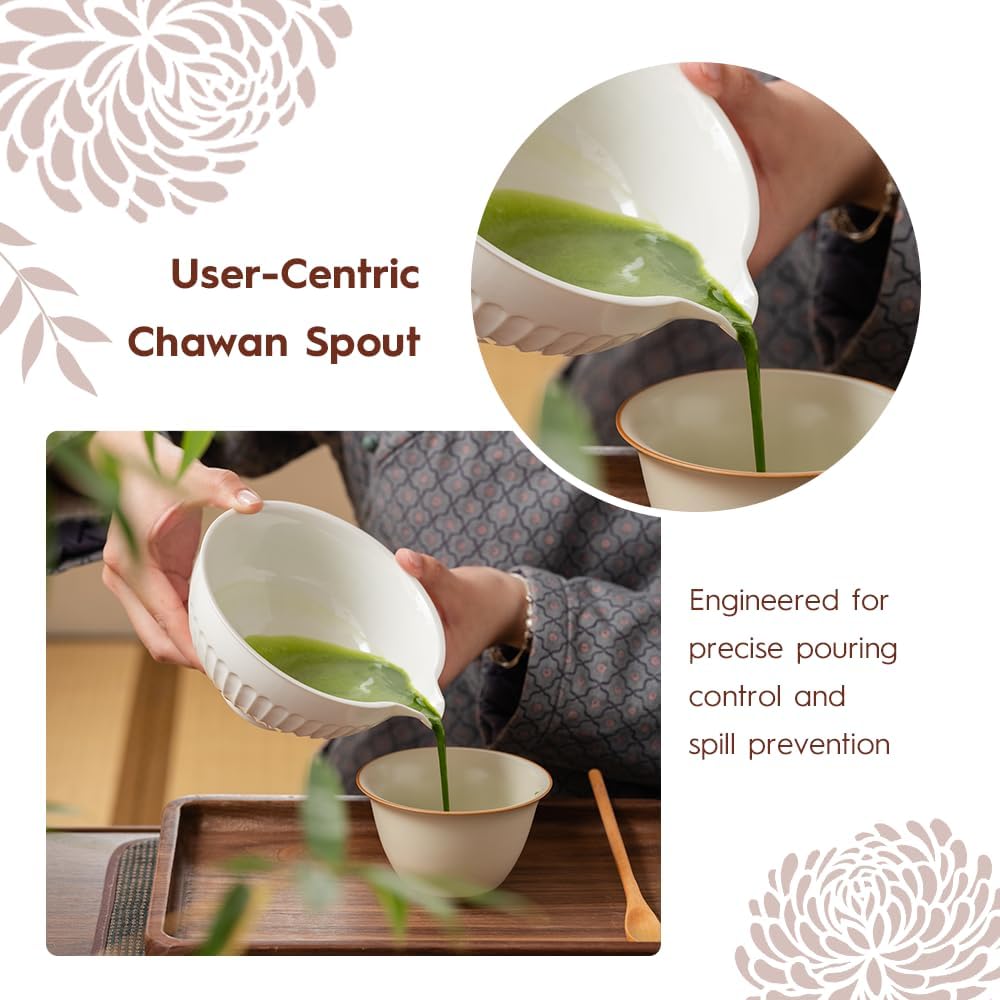 6 Pcs Matcha Set - Ceramic Bowl with Spout, Matcha Whisk with Holder, Tea Powder Canister, Sifter and Spoon, Complete Kit for Traditional Matcha, Modern Lattes, and Tea Ceremonies (White)