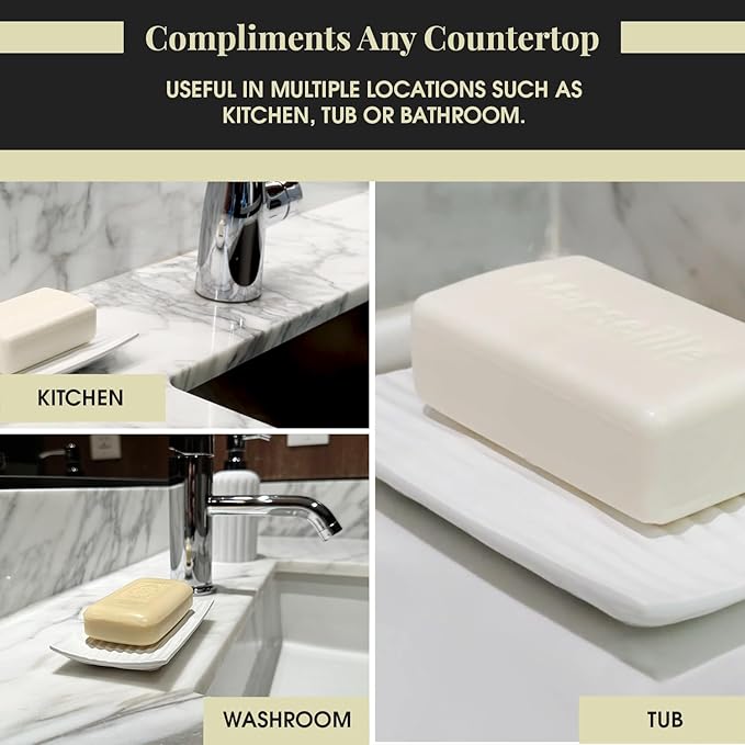 Modern Zen White Soap Dish - 4.9 x 3 Inches - Durable Ceramic Bar Soap Holder with Soap Saver Ridges, Non Slip Feet - Soap Dish for Shower, Bathroom and Kitchen