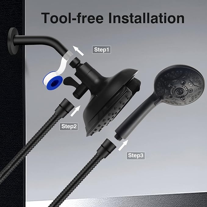 Shower Head with Handheld High Pressure: 2-IN-1 Shower Head with 7.2" Rainfall Shower & Handheld Shower Head with Hose Black, Shower Trim Systems