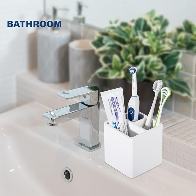 Diatomite Toothbrush Holders for Bathrooms, Electric Toothbrush and Toothpaste Holder 3 Slots Tooth Brush Organizer for Bathroom Countertop, Shower, Vanity - White