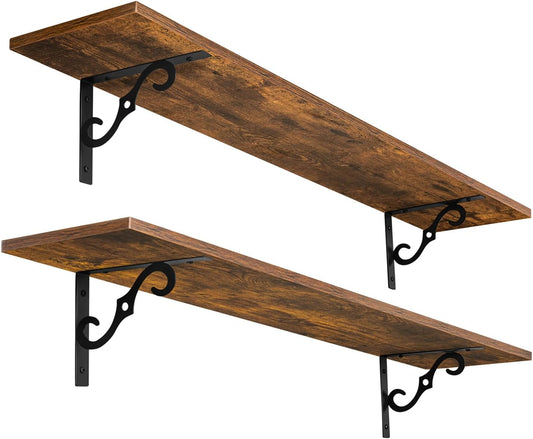 DINZI LVJ Long Wall Shelves, 39.4 Inch Large Floating Shelves Set of 2, Wide Display Shelf Wall Mounted with Brackets, Easy Hanging for Living Room, Toilet, Office, Bedroom, Rustic Brown