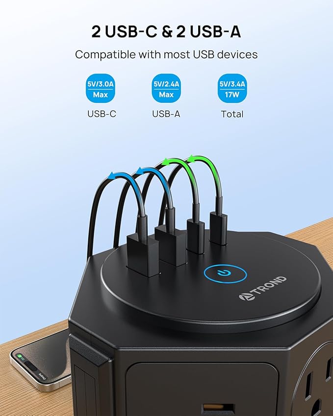 TROND Tower Surge Protector Power Strip with USB, 14 Widely Spaced Outlets, 2 USB-C and 2 USB-A, 2100J Surge Protection, 6 Feet Extension Cord with Multiple Outlets Home, Office, Dorm Essentials Black