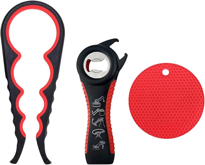 Arthritis Jar Opener for Weak Hands & Seniors 5 in 1 Non-Slip Bottle Can Opener Tool with Ergonomic Rubber Grip, 4 in 1 Adaptive Jar Lid Opener and Gripper ，Elderly Kitchen Essentials