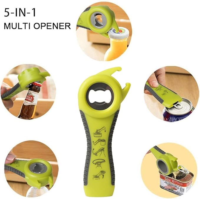 Jar Opener Bottle Opener for Weak Hands, 5-in-1 Multi-Functional Can Opener Bottle Opener Kit with Silicone Handle, Easy to Use for Children, Elderly and Arthritis Sufferers (New Green)