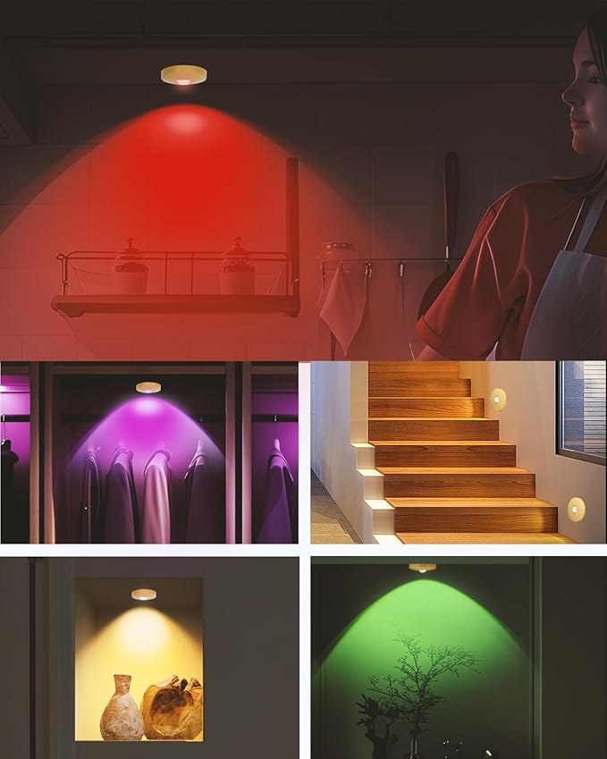 Rechargeable RGB Puck Lights with Remote Control, 1500mAh Battery Operated Push Lights, Dimmable & Timer Under Cabinet Lighting for Closet, Bedroom, Kitchen Gold 6Pcs