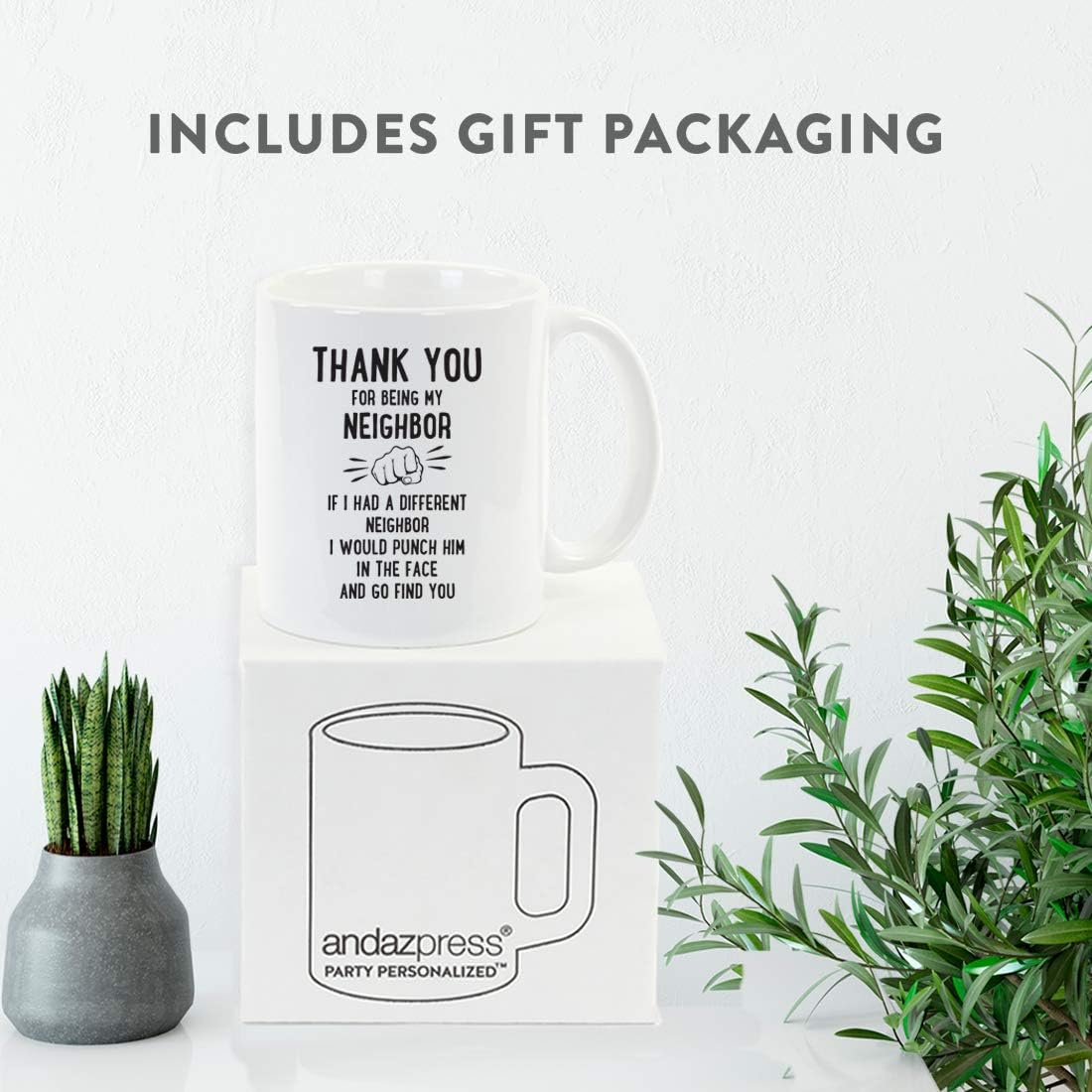 Andaz Press Funny Family 11oz. Coffee Mug Gift, Thank You for Being My Neighbor, Punch in Face, 1-Pack, Christmas Birthday Drinking Cup Present Ideas