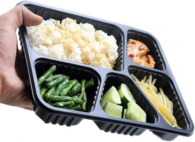 Hemoton 15pcs Disposable Bento Box 5 Compartment Meal Prep Container with Lid Microwave Heating Food Box for Home Restaurant (Black)