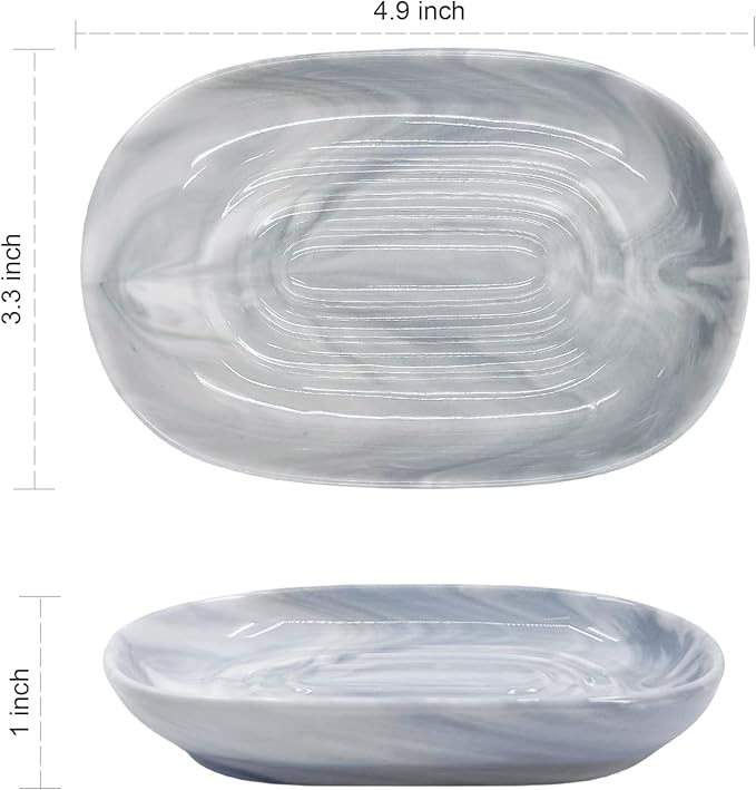 Soap Dish, Ceramic Soap Dish with Marble PatternShower, Soap Saver Tray for Bathroom, Kitchen Sink & Vanity, Multi-Use Holder for Jewelry, Rings, Keys (1 Pack, Grey-White)