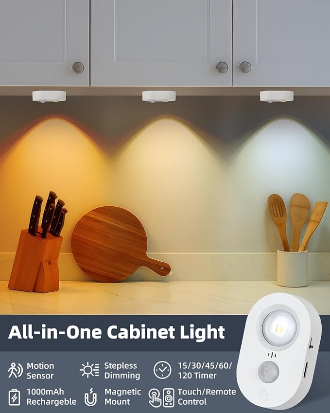 Yiliaw LED Motion Sensor Puck Lights Indoor, Small Rechargeable Under Cabinet Lighting, Dimmable Warm White Closet Lights, Stick on Wireless Night Light for Drawer, Shelf, Kitchen, White (9 Pack)