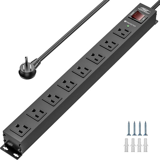CRST 8 Outlet Metal Heavy Duty Power Strip, 2100J Surge Protector, 6FT Cord Mountable Wide Spaced Industrial Power Strip,15A/1875W
