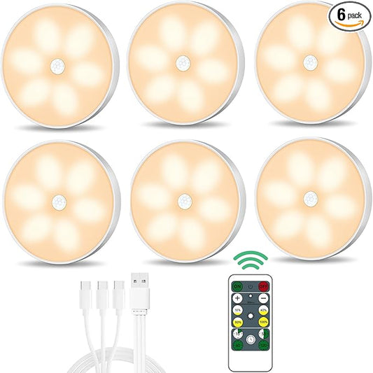 Warm Color LED Closet Lights Wireless Motion Sensor Puck Light, USB Rechargeable Battery Operated Puck Step Lights with Remote, Dimmable Under Cabinet Lighting for Counter Wardrobe Kitchen (6 Pack)