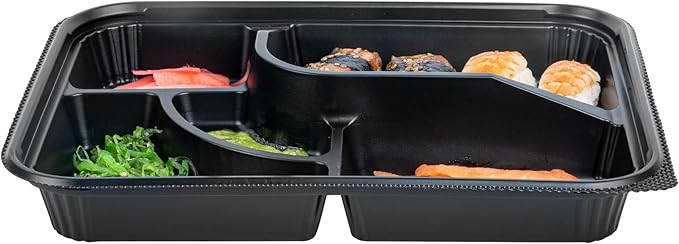 Restaurantware-Bento Tek 26.2 Ounce Meal Prep Containers, 100 Disposable To Go Food Boxes - Lids Sold Separately, 5 Compartments, Black Plastic Bento Lunch Boxes, Microwavable, Freezable