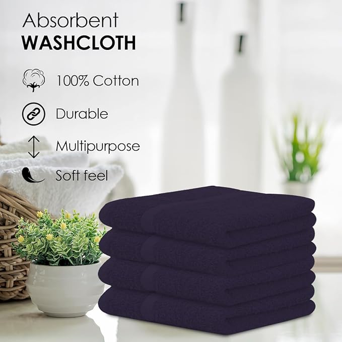 Avalon Towels Cotton Washcloths – (Pack of 24) Size 12x12 Inches, 100% Ring Spun Cotton, Soft & Absorbent Face Towels, Gym Towels, Hotel and Spa Quality, Reusable Fingertip Towels (Plum)