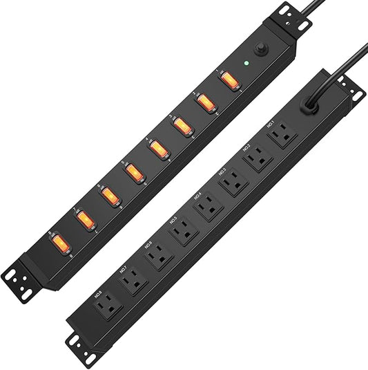 HHSOET 1U Rack Mount Surge Protection, 8 Outlet PDU Power Strip, Metal Mountable Outlet Strip with Switch, 6ft Power Cord.