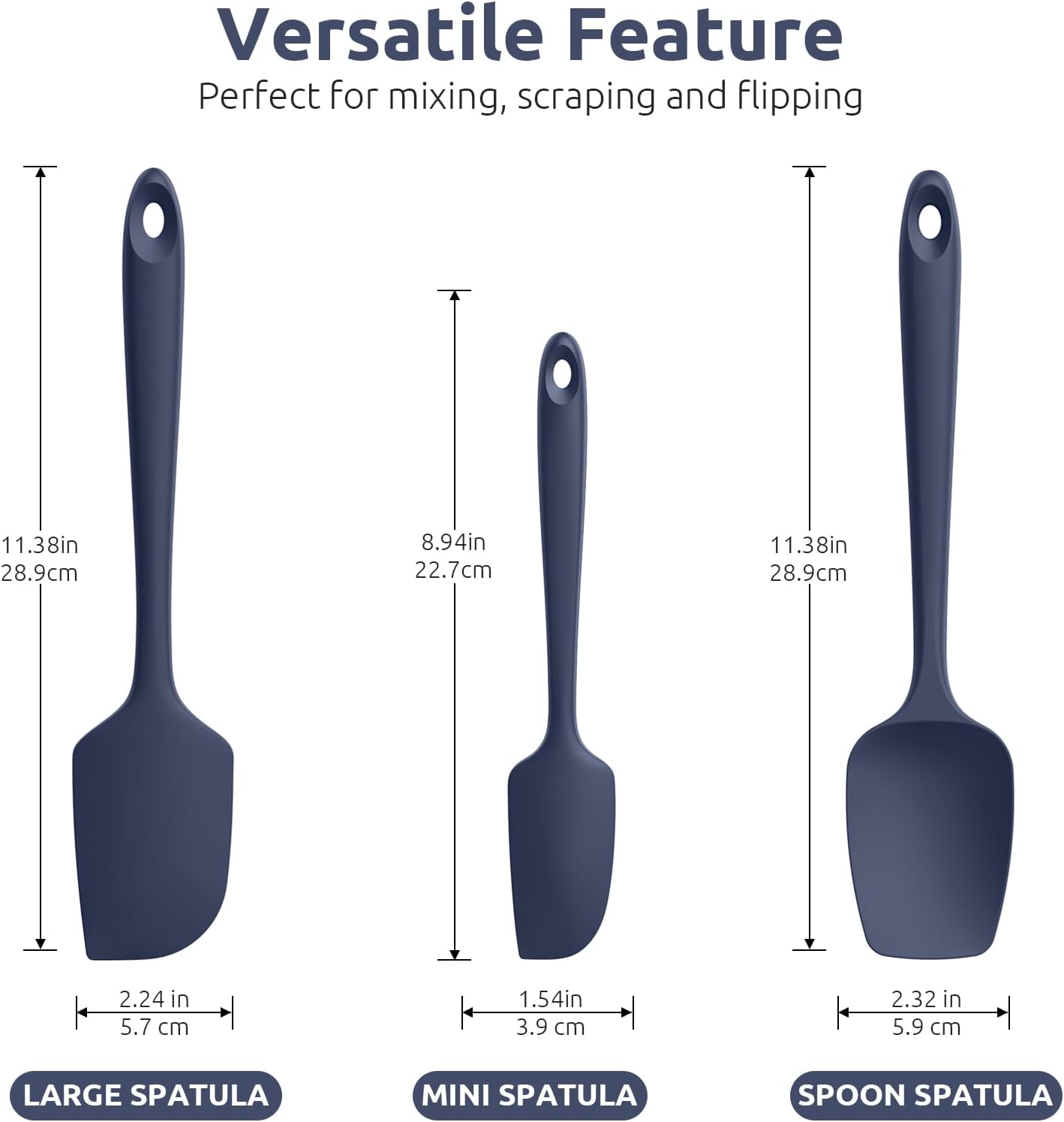 U-Taste Silicone Spatula Set, 600ºF High Heat Resistant, Seamless Food Grade Flexible Rubber Kitchen Cooking Mixing Baking Scraper for Nonstick Cookware Set of 3 (Midnight Blue)