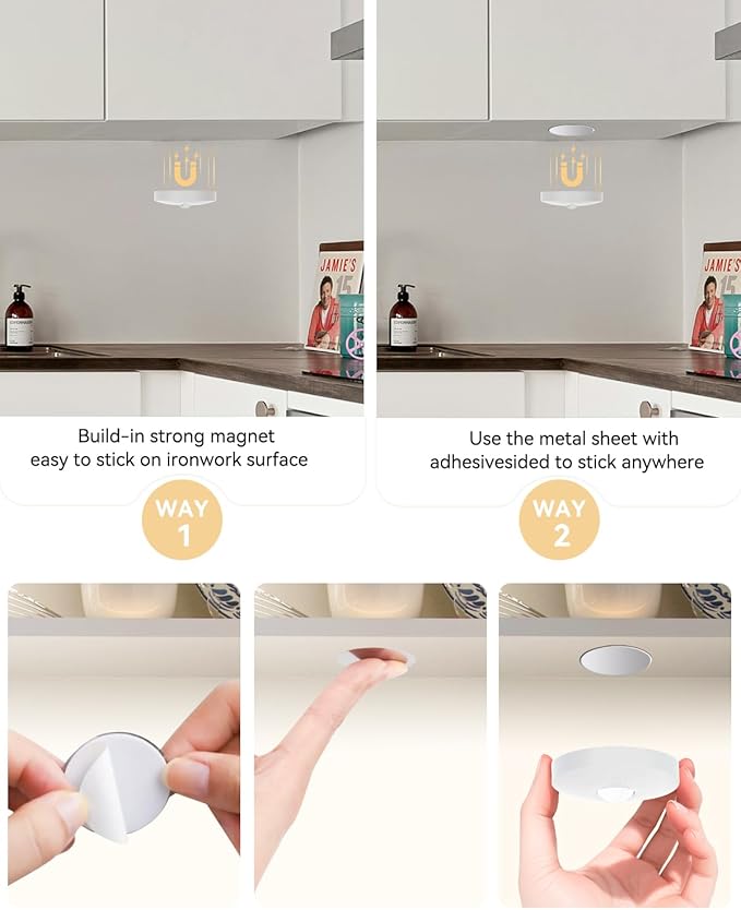 Rechargeable RGB Puck Lights with Remote Control, 1500mAh Battery Operated Push Lights, Dimmable & Timer Under Cabinet Lighting for Closet, Bedroom, Kitchen White 3Pcs