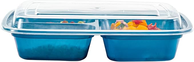 Restaurantware Asporto 26 Ounce Compartment Take Out Boxes, 100 Microwavable Meal Prep Containers - 3 Compartments, With Clear Plastic Lids, Midnight Blue Plastic Food Containers, Do Not Contain BPA