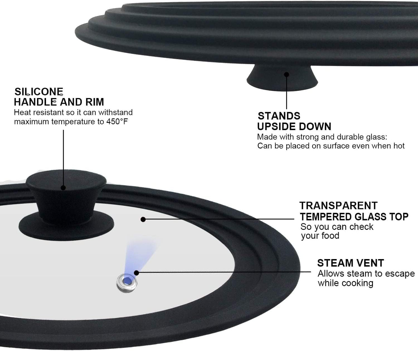 Universal Lid for Pots, Pans and Skillets Fits 10.5", 11.5" and 12" Diameter Cookware - Walfos Tempered Glass Pan Lid with Heat Resistant Silicone Rim, BPA Free Large Pot Lids, Dishwasher-Safe, Black