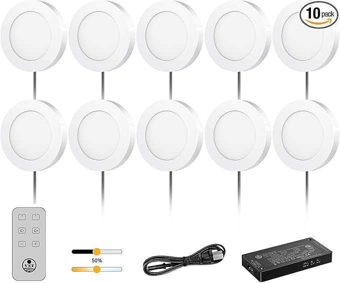 VST Under Cabinet Lights CCT 3000K-6500K, LED Puck Light Color Temperature and Brightness Adjustable with Touch Remote Dimmer ETL-Listed LED Driver for Drawer Wardrobe Kitchen (10Pcs White)