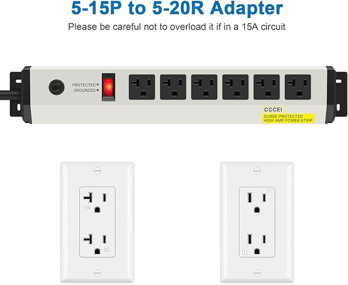 CCCEI 12 Gauge Heavy Duty Power Strip Surge Protector 4800J, 20 Amp 6 Plug Industrial Shop Garage Metal Multiple Outlets, 12 FT Extension Cord 5-15P Adapter High Amp 6-20R T-Slot 20a for Appliance.