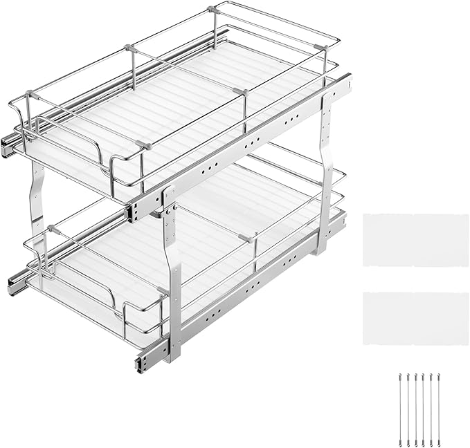 VEVOR Pull Out Cabinet Organizer, 12"W x 21"D Heavy Duty Slide Out Pantry Shelves, Chrome-Plated Steel Roll Out Drawers, Sliding Drawer Storage for Home, Inside Kitchen Cabinet, Bathroom, Under Sink