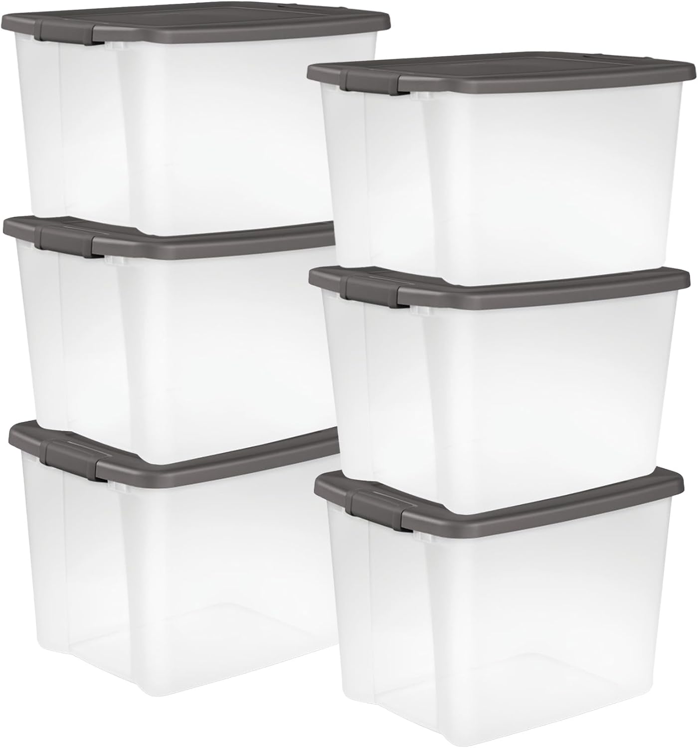 Sterilite 6-Pack ShelfTote, Clear Plastic Storage Bins with Lids, 50 Quart, Gray - Stackable Organizing Container Boxes for Closet, Bathroom, and Office