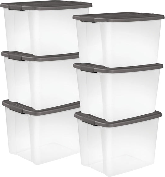Sterilite 6-Pack ShelfTote, Clear Plastic Storage Bins with Lids, 50 Quart, Gray - Stackable Organizing Container Boxes for Closet, Bathroom, and Office