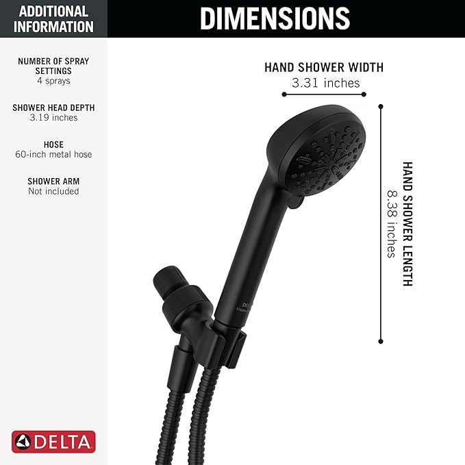 Delta Faucet 4-Spray Handheld Shower Head, Black Shower Head with Hose, Showerheads & Handheld Showers, Handheld Shower Heads, Detachable Shower Head, Hand Shower 2.5 GPM, Matte Black 75413DBL