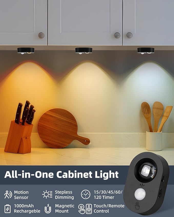 Yiliaw LED Motion Sensor Puck Lights Indoor, Small Rechargeable Under Cabinet Lighting, Dimmable Warm White Closet Lights, Stick on Wireless Night Light for Drawer, Shelf, Kitchen, Black (9 Pack)