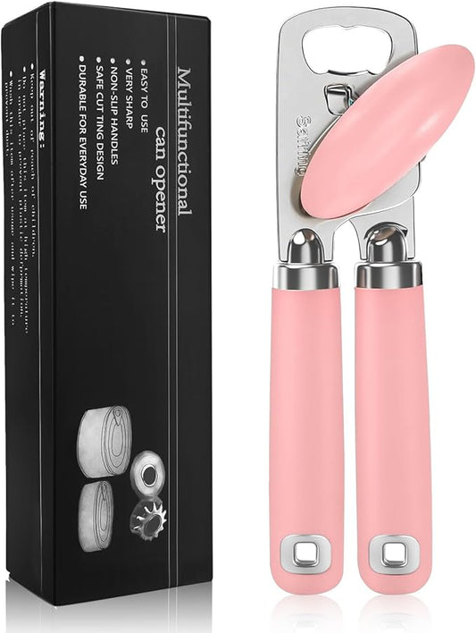 Can Opener Manual, Heavy Duty Stainless Steel Smooth Edge Can Opener With Soft Touch Handle, Oversized Handheld Easy Turn Knob, Multi-Function Bottle Opener, Pink