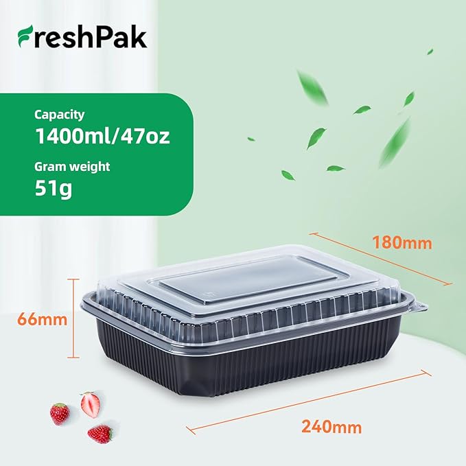 FRESHPAK Meal Prep Containers Reusable 40 Pack 47oz - Shrink Wrap Leakproof | BPA Free Freezer & Microwave Safe Meal Prep | Portion Control Leftovers Food Container with Lid | Catering Takeout Boxes