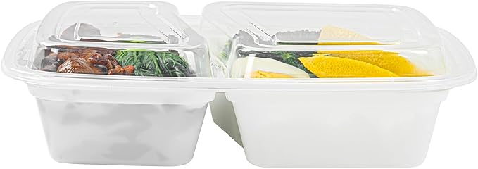Restaurantware Asporto 32 Ounce Compartment Take Out Boxes, 50 Microwavable Meal Prep Containers - 2 Compartments, With Clear Plastic Lids, White Plastic Food Containers, Do Not Contain BPA
