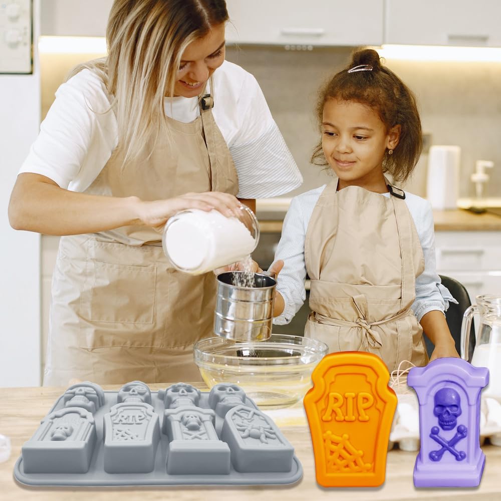 Halloween Chocolate Mold Silicone,2pcs Cavity Candy Gummy Mold with Skull and Tombstone for Baking Chocolate Jelly Gummy Desser