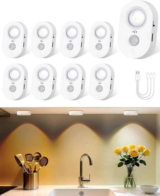 Yiliaw LED Motion Sensor Puck Lights Indoor, Small Rechargeable Under Cabinet Lighting, Dimmable Warm White Closet Lights, Stick on Wireless Night Light for Drawer, Shelf, Kitchen, White (9 Pack)