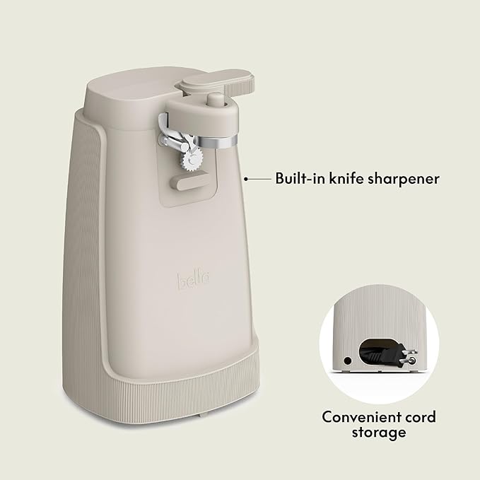 bella Electric Can Opener and Knife Sharpener, Multifunctional Jar and Bottle Opener with Removable Cutting Lever and Cord Storage, Stainless Steel Blade, Oatmilk