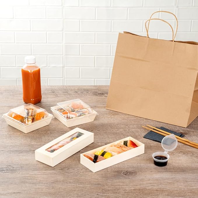 Restaurantware Taipei 9 Ounce Food Containers 100 Rectangle Wooden Bento Boxes - With Window Lids Grease Impermeable Poplar To Go Boxes Disposable Serve Sushi Dumplings And More