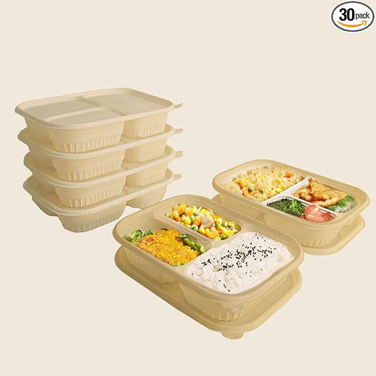30 Packs of Disposable 36 Ounce Square Meal Prep Container, 3-Chamber Bento Box, Thickened Food Storage Container With Lid, Stackable.