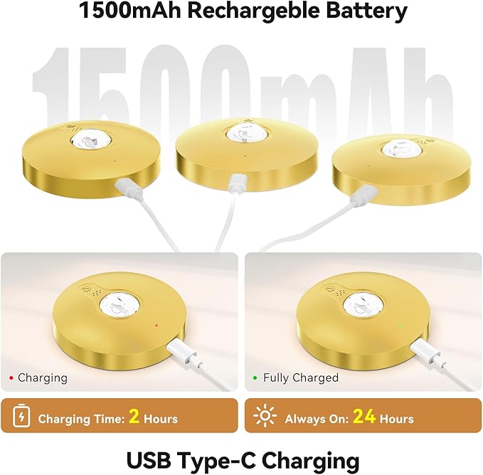 Rechargeable Puck Lights with Remote, 12 Pack Magnetic Under Cabinet Lighting, 1500mAh Battery Operated LED Tap Lights with Dimmer & Timmer for Kitchen, Closet, Shelf - 3 Color Temps & 12 RGB, Gold