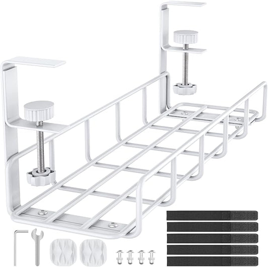 Under Desk Cable Management Tray, 15.7'' No Drill Steel Cable Tray Organizers, Wire Management Tray Cable Rack with Clamp Mount, Metal Under Desk Tray with Wire and Cord Organizer White（1pack