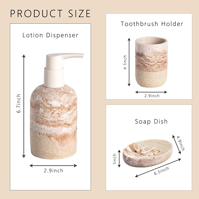Bathroom Accessories Set, 3 Pcs Decorative Bathroom Essentials with Lotion Soap Dispenser, Toothbrush Holder, Soap Dish, Bathroom Sink Set for Home Bathroom Decor, Housewarming Gift Bathroom Accessory