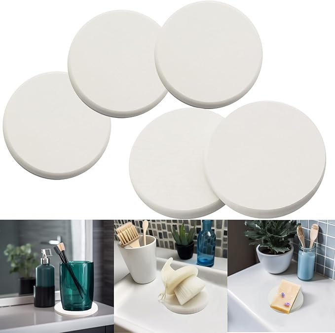 Mucco Water Absorbing Stone Tray for Sink, Water Absorbent Diatomite Coasters, Premium Diatomaceous Earth Soap Holder Dish，Fast Drying Stone Sink Tray for Hand soap & Cups & Drinks Bottles (5 White)