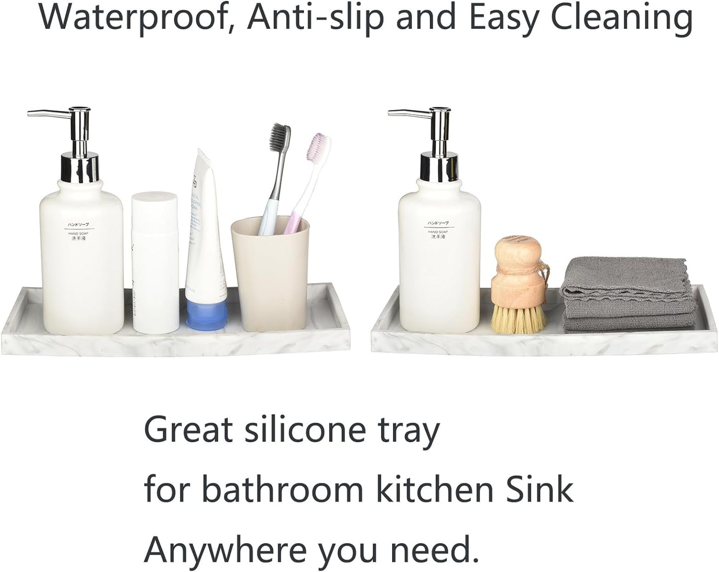 DNC 2PC 7.9" Small Silicone Bathroom Tray for Counter, Vanity Tray for Countertop, Kitchen Sink Soap Tray for Dish Holder Dispenser Toilet Tank Desk Organizer Marble White