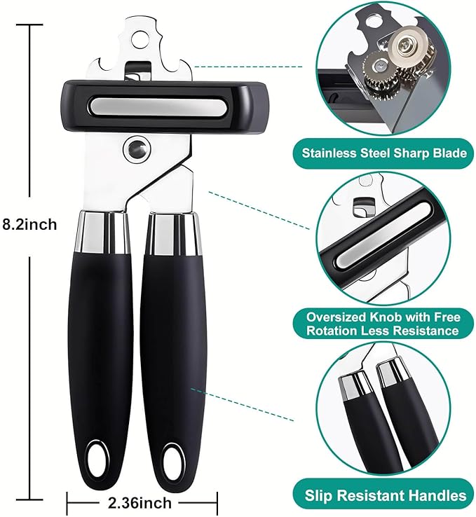 Multifunctional Stainless Steel Manual Can Opener and Bottle Opener, Heavy Duty Hand Held Can Opener with Easy Turn Knob, Sharp Blade Smooth Edge, Good Grips Kitchen Tool for Seniors, Black