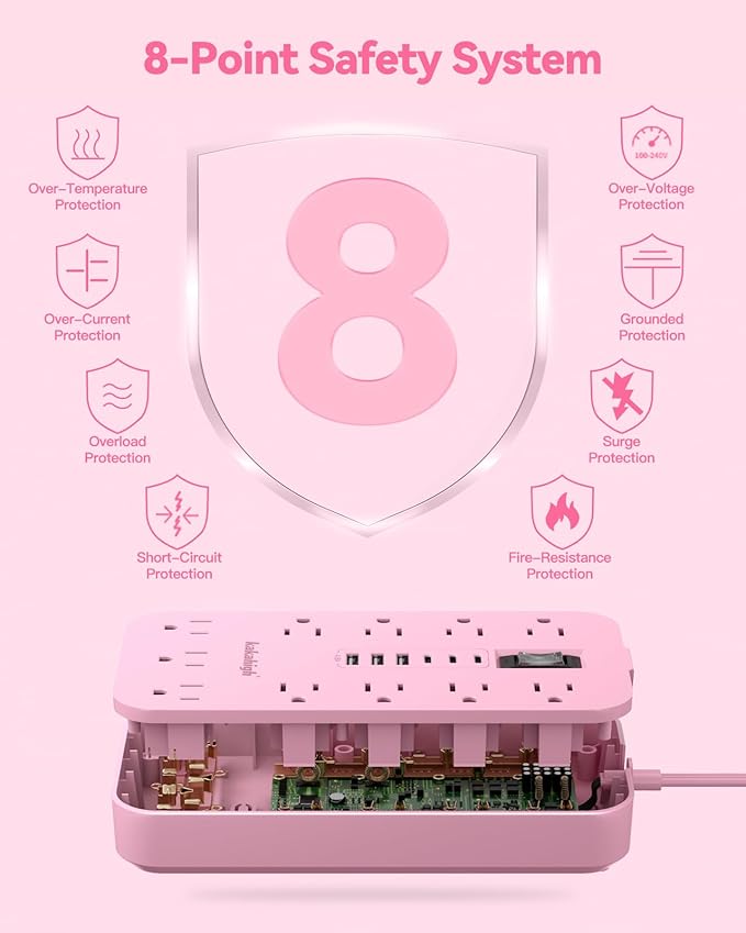 Pink Extension Cord with Multiple Outlets- 5 FT Kawaii Power Strip, Cute Extension Cord with 11 AC Outlet 6 USB (24W/4.8A), Charging Station for Cute Pink Kawaii Desk Home Room Decor Essentials Gifts