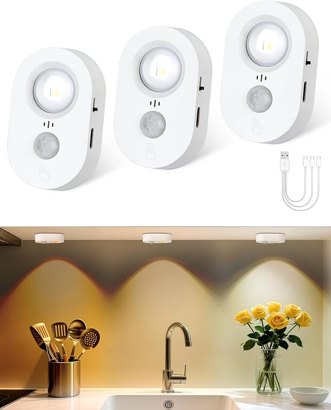 Yiliaw LED Motion Sensor Puck Lights Indoor, Small Rechargeable Under Cabinet Lighting, Dimmable Warm White Closet Lights, Stick on Wireless Night Light for Drawer, Shelf, Kitchen, White (3 Pack)
