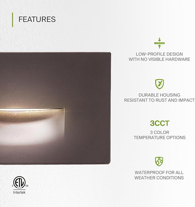 ASD LED Recessed Step Light Fixture, Outdoor & Indoor Stair Tread Lighting | 3CCT, Dimmable, Waterproof, ETL Listed | 3W 120LM 3000K-5000K 120V | Staircase Hardwired Illumination | Dark Bronze, 4 Pack