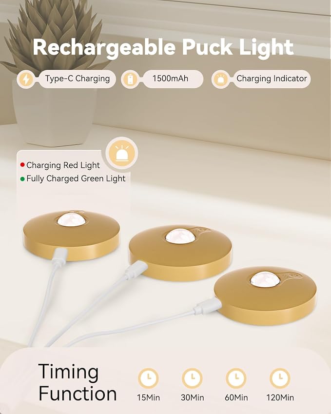 Rechargeable RGB Puck Lights with Remote Control, 1500mAh Battery Operated Push Lights, Dimmable & Timer Under Cabinet Lighting for Closet, Bedroom, Kitchen Gold 12Pcs
