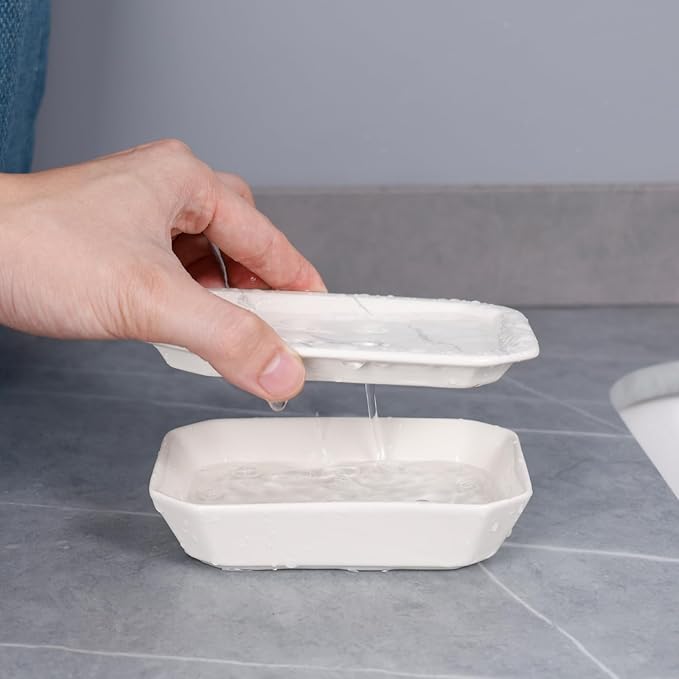 Soap Dish, Ceramic Self-draining Soap Holder, Double Layer Bar Soap Holder with Drain, Soap Dishes for Bathroom Shower Kitchen, Easy to Clean Keep Soap Dry, Off-white with Marble Pattern, ANTIS'S HOME