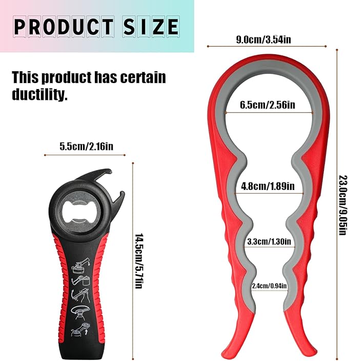 2PCS 5 in 1 Multi-Function Jar and Bottle Opener for Weak Hands - Manual Can Opener With Non-Slip Rubber Gripper Pad - Easy Twist Tool for Arthritic Hands (Red)